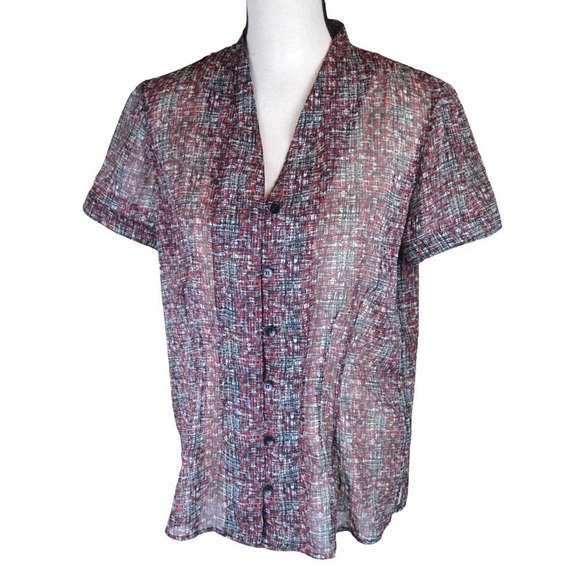 Semi-Sheer Abstract Print Short Sleeve Button Down V Neck Blouse, Size Large NEW - Picture 2 of 9